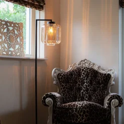 Design vloerlamp zwart met amber glas - Qara Down