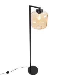 Design vloerlamp zwart met amber glas - Qara Down