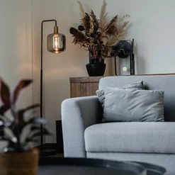 Design vloerlamp zwart met goud en smoke glas - Zuzanna