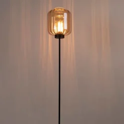 Design vloerlamp zwart met amber glas - Qara