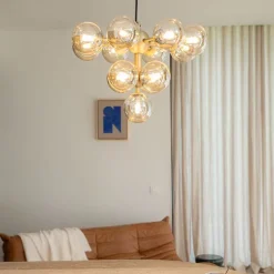 Hanglamp brons met amber glas 13-lichts - Bianca