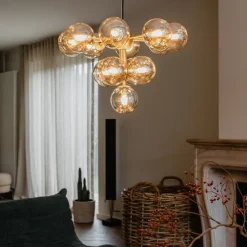 Hanglamp brons met amber glas 13-lichts - Bianca
