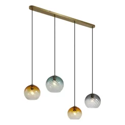 Hanglamp brons met smoke amber en groen glas langwerpig 4-lichts - Bao