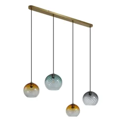 Hanglamp brons met smoke amber en groen glas langwerpig 4-lichts - Bao