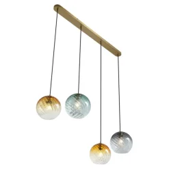Hanglamp brons met smoke amber en groen glas langwerpig 4-lichts - Bao