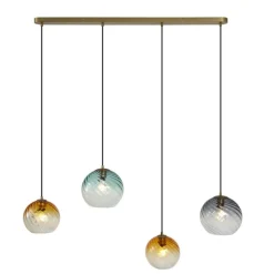 Hanglamp brons met smoke amber en groen glas langwerpig 4-lichts - Bao