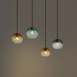 Hanglamp brons met smoke amber en groen glas langwerpig 4-lichts - Bao