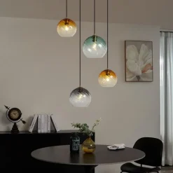 Hanglamp brons met smoke amber en groen glas rond 4-lichts - Bao