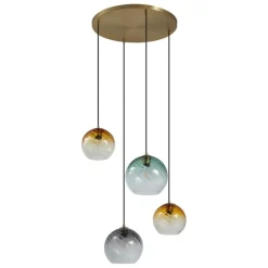 Hanglamp brons met smoke amber en groen glas rond 4-lichts - Bao