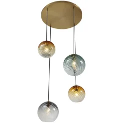 Hanglamp brons met smoke amber en groen glas rond 4-lichts - Bao