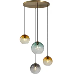 Hanglamp brons met smoke amber en groen glas rond 4-lichts - Bao