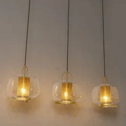 Hanglamp goud met amber glas 30 cm langwerpig 3-lichts - Kevin