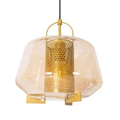 Hanglamp goud met amber glas 30 cm langwerpig 3-lichts - Kevin
