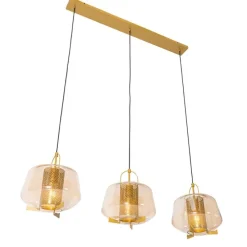 Hanglamp goud met amber glas 30 cm langwerpig 3-lichts - Kevin
