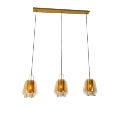 Hanglamp goud met amber glas 23 cm langwerpig 3-lichts - Kevin