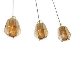 Hanglamp goud met amber glas 23 cm langwerpig 3-lichts - Kevin