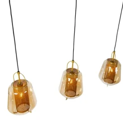 Hanglamp goud met amber glas 23 cm langwerpig 3-lichts - Kevin