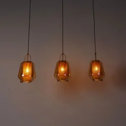 Hanglamp goud met amber glas 23 cm langwerpig 3-lichts - Kevin