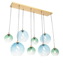 Hanglamp messing met blauw en groen glas 8-lichts - Sandra