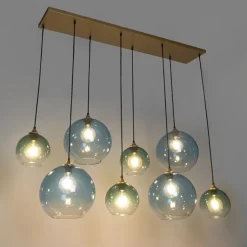 Hanglamp messing met blauw en groen glas 8-lichts - Sandra
