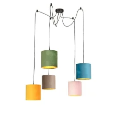 Hanglamp met 5 gekleurde velours kappen 20 cm - Cava