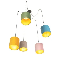 Hanglamp met 5 gekleurde velours kappen 20 cm - Cava