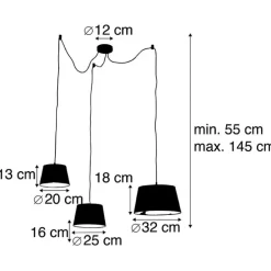 Hanglamp met 3 katoenen kappen zwart met goud - Cava