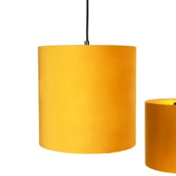 Hanglamp met 3 velours kappen geel met goud - Cava