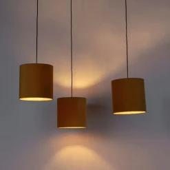 Hanglamp met 3 velours kappen geel met goud - Cava
