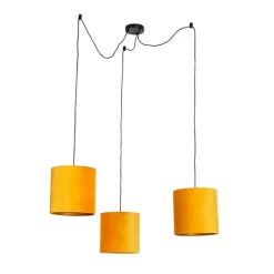 Hanglamp met 3 velours kappen geel met goud - Cava