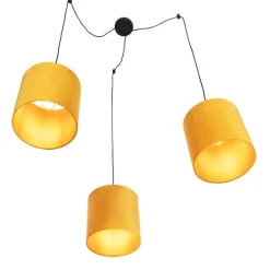 Hanglamp met 3 velours kappen geel met goud - Cava