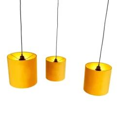 Hanglamp met 3 velours kappen geel met goud - Cava