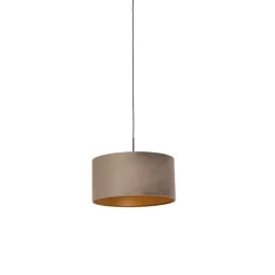 Hanglamp met velours kap taupe met goud 50 cm - Combi