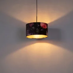 Hanglamp met velours kap bloemen met goud 35 cm - Combi