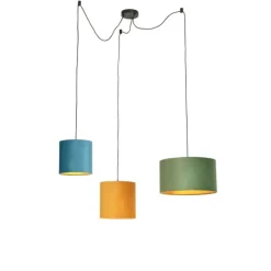 Hanglamp met velours kappen groen, geel en blauw - Cava