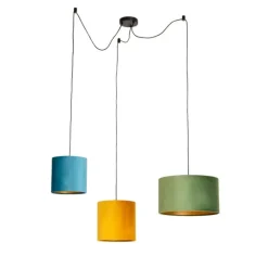 Hanglamp met velours kappen groen, geel en blauw - Cava