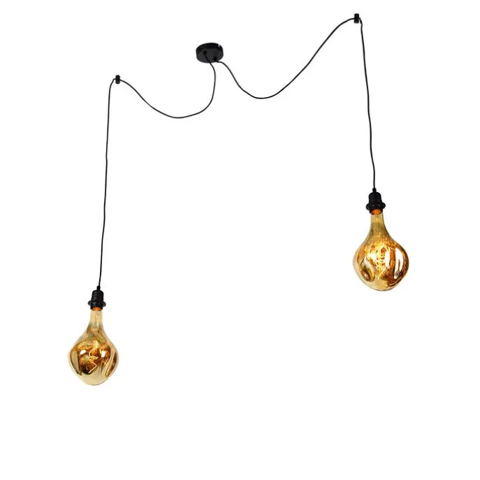 Hanglamp zwart 2-lichts incl. LED spiegel goud dimmable - Cava