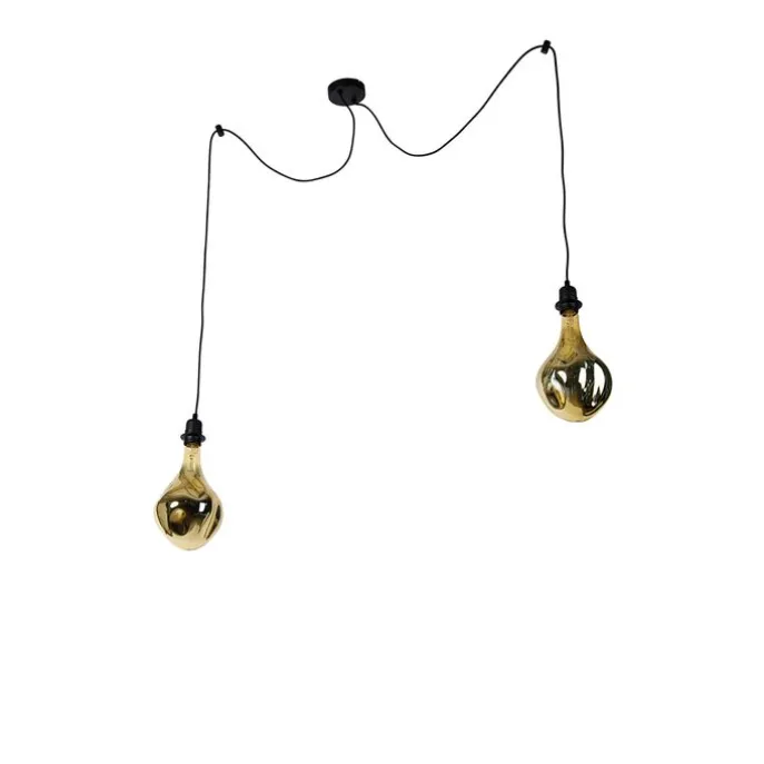 Hanglamp zwart 2-lichts incl. LED spiegel goud dimmable - Cava