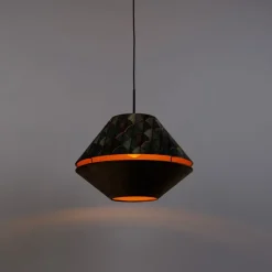 Hanglamp zwart met dubbele velours lampenkap blad dessin en beige - Combi 1