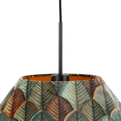 Hanglamp zwart met dubbele velours lampenkap blad dessin en beige - Combi 1