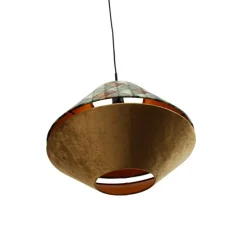Hanglamp zwart met dubbele velours lampenkap blad dessin en beige - Combi 1