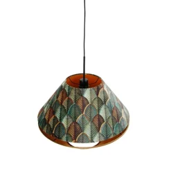 Hanglamp zwart met dubbele velours lampenkap blad dessin en beige - Combi 1