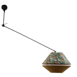 Hanglamp zwart met dubbele velours lampenkap blad dessin en beige - Blitz