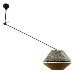 Hanglamp zwart met dubbele velours lampenkap blad dessin en beige - Blitz