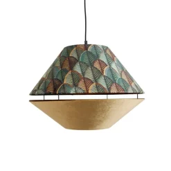 Hanglamp zwart met dubbele velours lampenkap blad dessin en beige 2-lichts - Cava Luxe