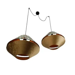 Hanglamp zwart met dubbele velours lampenkap blad dessin en beige 2-lichts - Cava Luxe