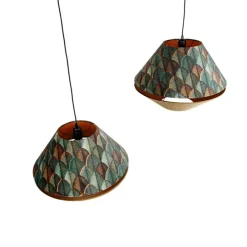 Hanglamp zwart met dubbele velours lampenkap blad dessin en beige 2-lichts - Cava Luxe