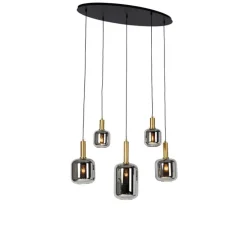 Hanglamp zwart met goud en smoke glas ovaal 5-lichts - Zuzanna