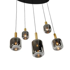 Hanglamp zwart met goud en smoke glas ovaal 5-lichts - Zuzanna