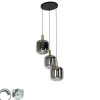 Hanglamp zwart met goud en smoke glas incl. 3 PUCC - Zuzanna